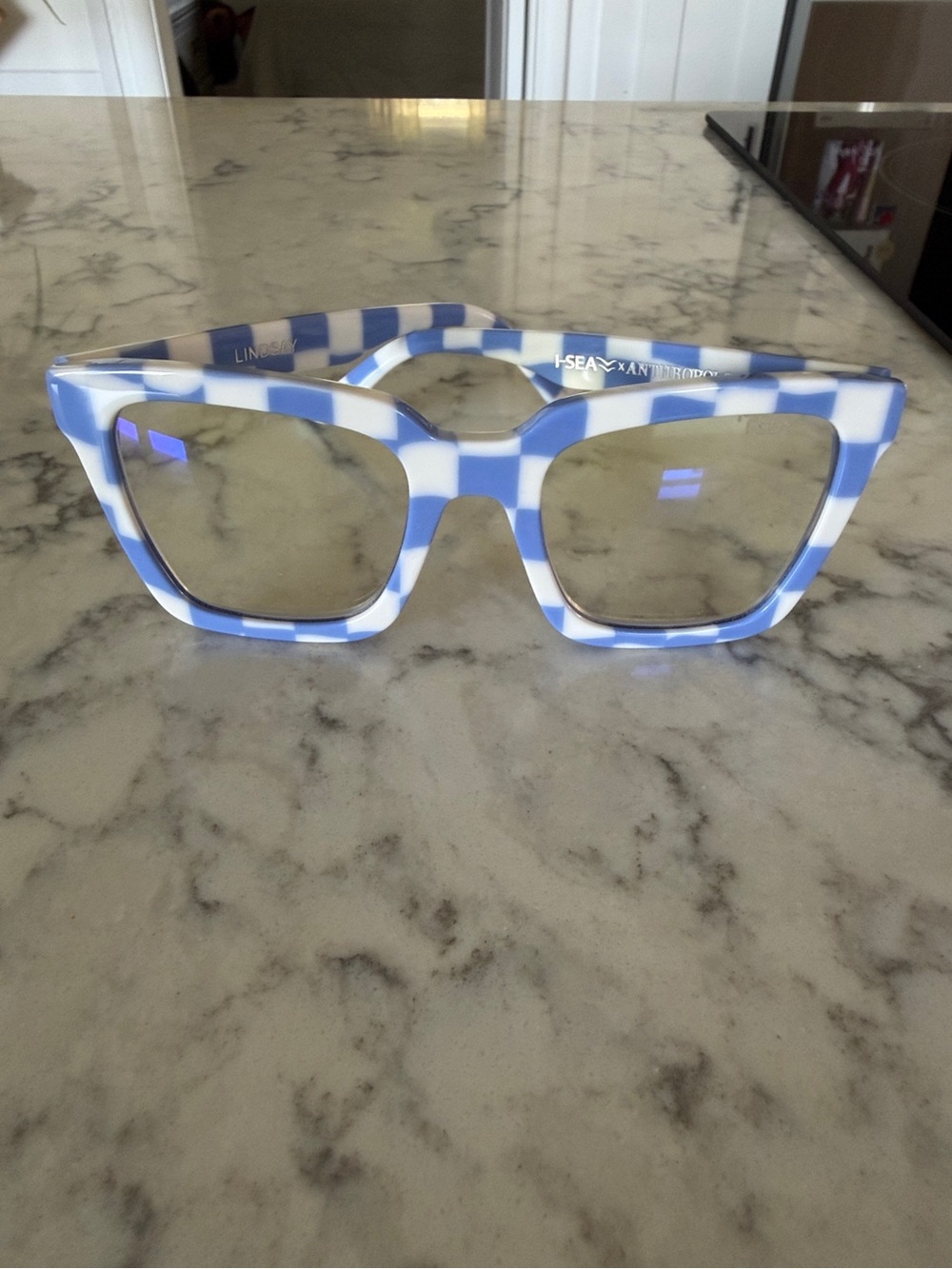I- SEA x Anthropologie Lindsay Reader Glasses Blue Checkered- NWOT!